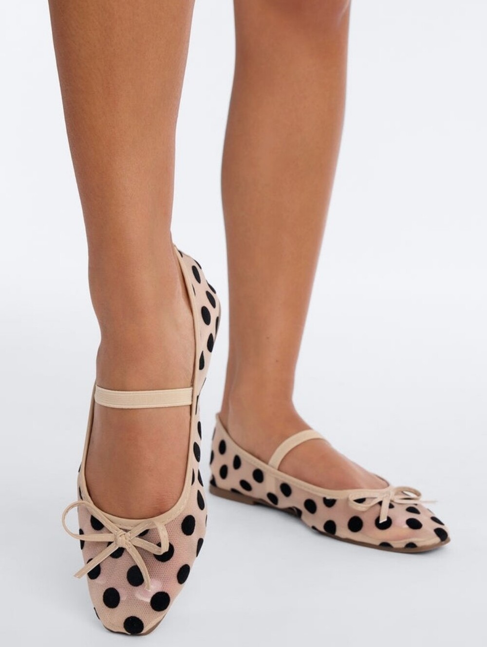 Polka Dot Ballet Flats with Mary Jane Strap - Beige/Black